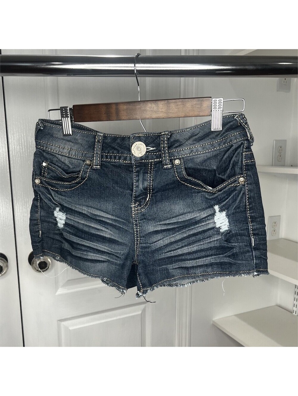 Y2K Almost Famous Denim Shorts Size 3 Dark Wash Flap Pocket Rhinestone McBling